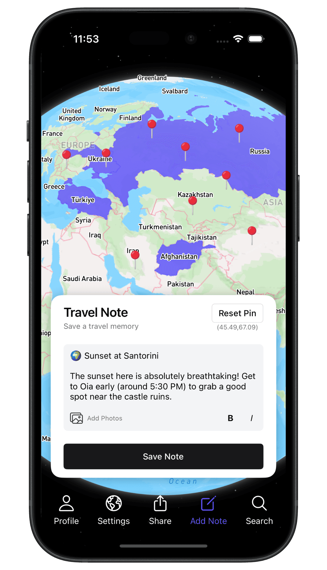 Travel notes feature